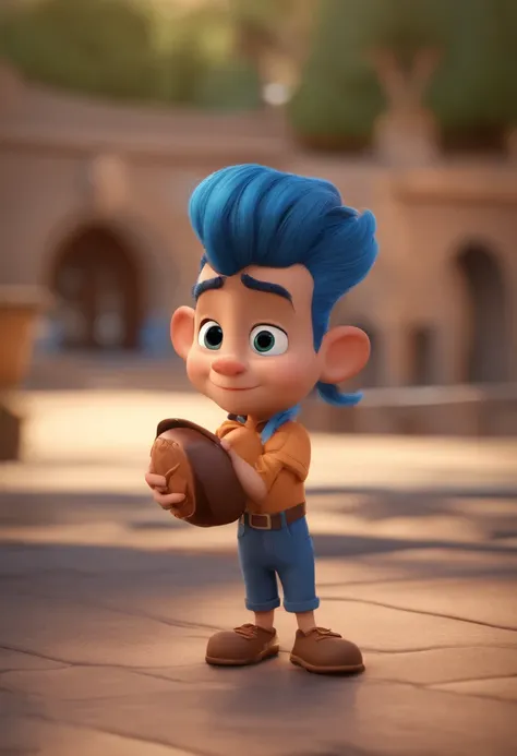 personagem dos desenhos animados da Pixar de um menino de 9 anos de idade uma camisa azul, animation character, personagem gordo com bochechas grandes, olhos pretos, cabelo curto e preto, Side position with arms crossed and smiling, Caractere estilizado, a...