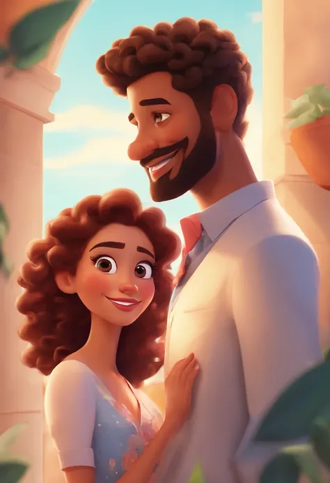 An illustration of an adorable couple, Spotlight on a mulatto man with beard in a bald red cap and wedding suit outfit, e uma mulher cabelo cacheado nos ombros com lindos olhos expressivos e roupa elegante casamento simples, The mans skin is mulatto ,Woman...