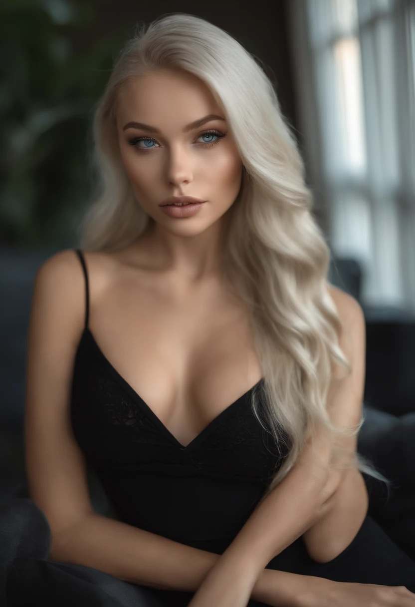 arafed woman with black clothes, sexy girl with realistic blue eyes, portrait sophie mudd, platinum blond hair and large eyes, sensual pose fit busty woman intricate skin detail pores and freckles,full perfect lips bedroom eyes, violet myers, without makeu...