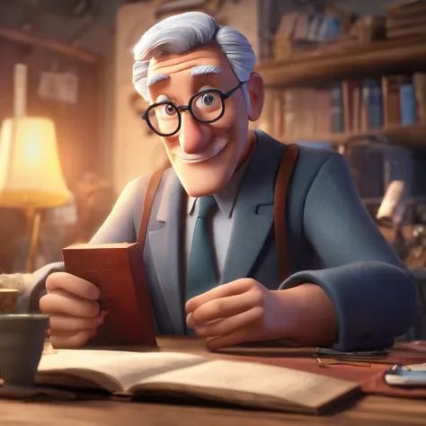 Crie um cartaz inspirado na Disney Pixar com o personagem sendo o pastor Rubens Janier, A gray-haired man wearing glasses, in an office with a Bible on the table, Looking forward and serious