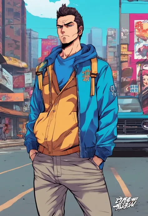 anime, menino, olho azul, cabelos castanhos, jaqueta azul escura, camisa branca, black pants, com fuzil.