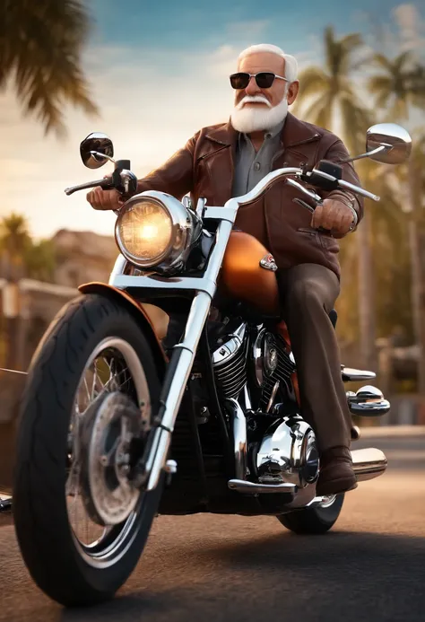 (best quality,3D rendering:1.2),Elderly man with glasses riding a Harley Davidson 883,Disney Pixar Style Poster, motocicleta, 3 d illustration, cores vibrantes, aventura, Viagem, dynamic pose, arousal, Youthful spirit, velocidade, vento soprando, Detailed ...