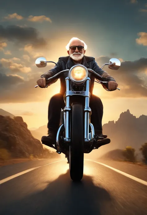 (best quality,3D rendering:1.2),Elderly man with glasses riding a Harley Davidson 883,Disney Pixar Style Poster, motocicleta, 3 d illustration, cores vibrantes, aventura, Viagem, dynamic pose, arousal, Youthful spirit, velocidade, vento soprando, Detailed ...