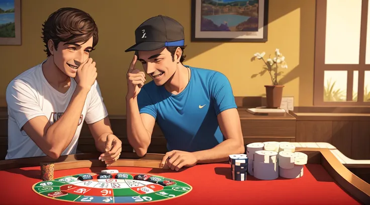 dois amigos parceiros, dois amigos jogando cassino, dois amigos num cassino, dois amigos conversando, dois amigos cumprimentando, cassino, jogos