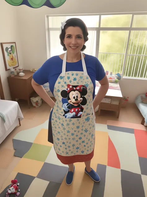 Theres a woman standing in a room with a Mickey Mouse apron, inspirado em Hilda Annetta Walker, inspirado em Maruja Mallo, usando avental, avental, inspirado em Maria Helena Vieira da Silva, Avental branco, em um avental coberto de sangue, inspirado em Gri...