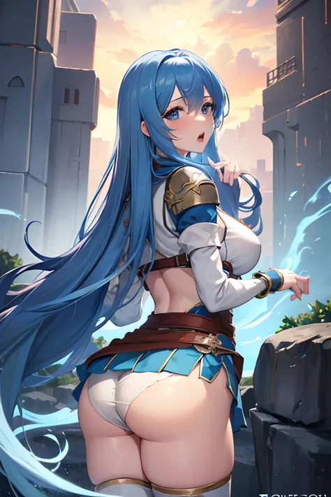 (top-quality, 8K, masterpiece, Top image quality, Hi-Res, super detailing, Ultra HD, (Delicate and smooth skin, real looking skin, Perfect and beautiful face ,Perfect and cute face, high detail skin, Perfect limbs)), 1girl , armor , ass focus , blue eyes ,...