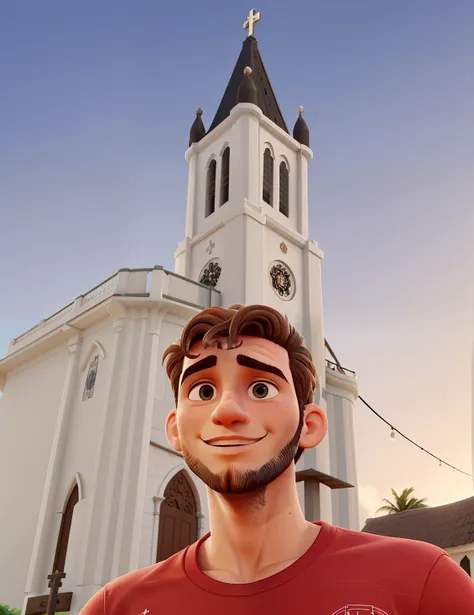 Jovem em frente a uma igreja, com cabelo baixo, sem barba.