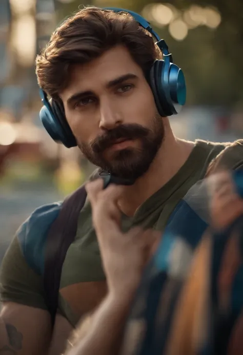 um homem, em breve, barba curta, olhos castanhos, com fones de ouvido, A music studio in the background, Imagem no estilo Pixar, Estilo de filme animado 3D, Disney, camiseta preta