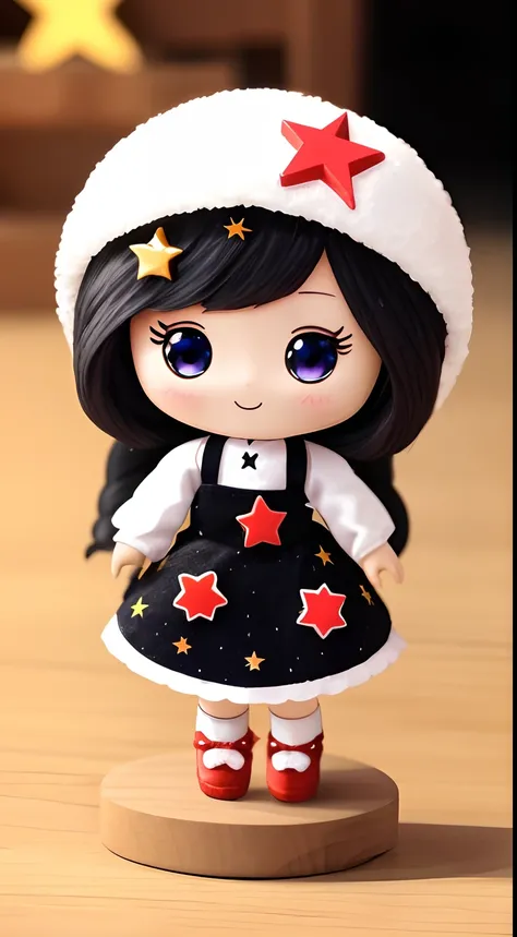 A small doll is placed on a circular stand so that it can be placed in a cup、A smile、Chibi Doll、Stars in the eyes（kirakira）、Eye Up、Long Black Hair、Laugh、Cute red shoes、Ultra Detail, radiant light、bio luminescent、Taken from the side、Stronger bokeh effect