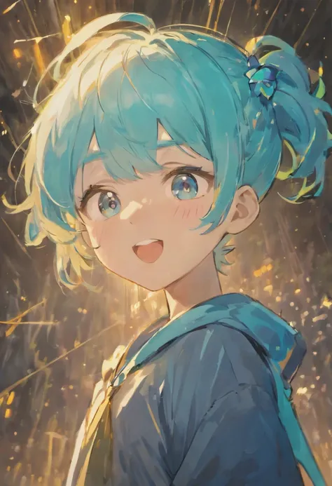 A picture of a smiling little boy with light blue hair, a forehead sticking out, and a short ponytail tied behind his back