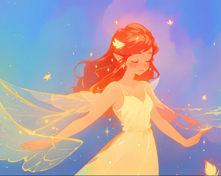 beautiful girl in golden gown, sparkling fairy wings, long flowing red hair, fantasia sky background, colorful, (glowing fairy wings), glowing flowing ballgown, long wavy hair, sparkling fairy wings, watercolor illustration, flowers and colorful plants, di...