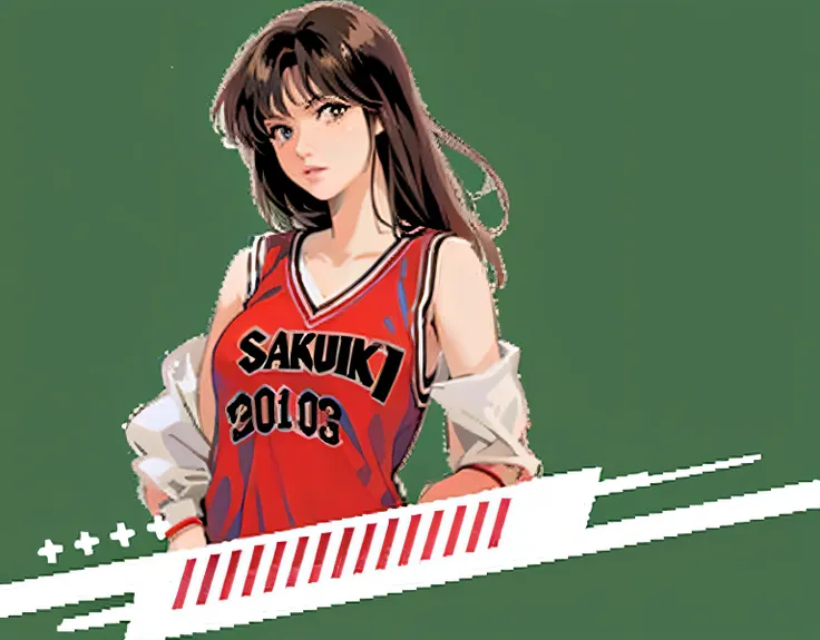 a woman in a red basketball uniform holds a basketball, scence of slam dunk, classic shoujo, rumiko, sakimi chan, makoto kano, t...