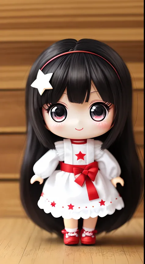 On the lid of the tumbler is placed a small doll、A smile、Chibi Doll、Stars in the eyes（kirakira）、Eye Up、Long Black Hair、Laugh、Cute red shoes、Ultra Detail, radiant light、bio luminescent、Taken from the side、Stronger bokeh effect