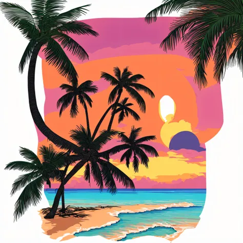 Arts work for a T- shirt design, home with coconut tree, sunset, flat illustration, vibrant victor, vector image, vintage drawing, white background, 8k