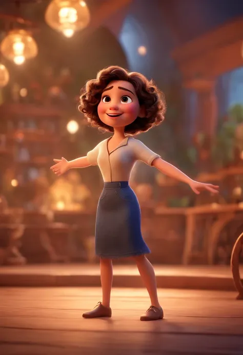 Pixar style image with 3D character white glasses brunette woman short curly hair dancing, Maquiagem Disney,Pescador, bonitinho, sorridente ,Close-up, Pixar, Disney, Cinema lighting,