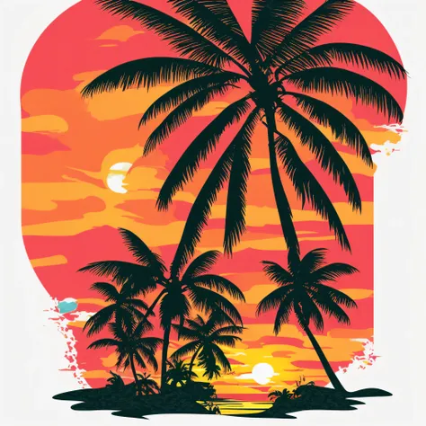 Arts work for a T- shirt design, home with coconut tree, sunset, flat illustration, vibrant victor, vector image, vintage drawing, white background, 8k