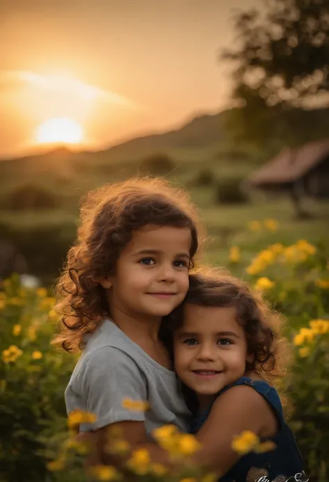 menino: Luiz, aproximadamente 3 anos de idade, cabelo curto estilo Disney, olhos castanhos e sorrisos. garota: Luiza, 6 anos, longos cabelos pretos e cacheados. scenecy: Luiz and Luíza are in a cozy little house in the valley, ao fundo um dia ensolarado, D...