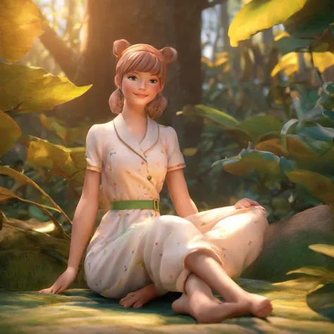 Uma foto profissional de alta qualidade, in 4k resolution, captura em detalhes realistas uma garota encantadora em um pijama branco fofo com orelhas e rabo de raposa. Shes sitting in the middle of an enchanted forest, where each element is portrayed to per...