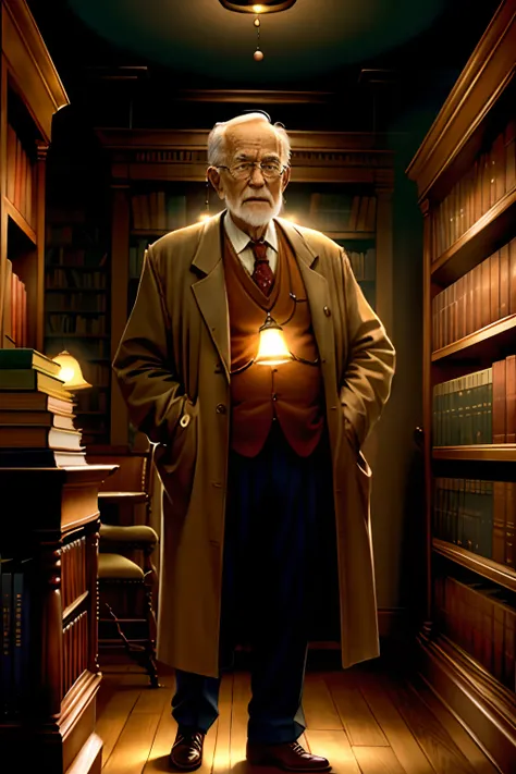 A wise old man standing in front, illuminated by the light of a lamp, against the backdrop of a library