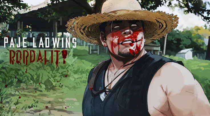 Man with straw hat and blood on his face, Big Half Fat Butcher Man Posing Scarily, Videoclipe oficial, sombras, ferimentos de bala, Arte em primeiro plano mortal kombat, rosto ensanguentado