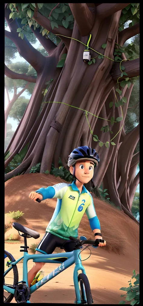 Man in cycling clothes and helmet holding a bicycle in front of a tree with many vines hanging from it.