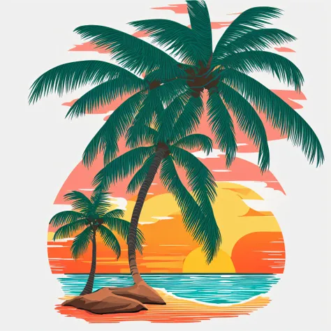 Arts work for a T- shirt design, home with coconut tree, sunset, flat illustration, vibrant victor, vector image, vintage drawing, white background, 8k