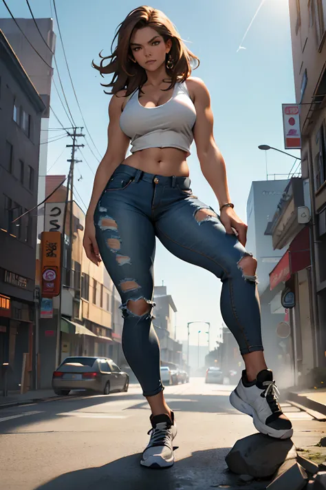 stunningly beautiful brown-haired curvy woman, buxom, perfect face, perfect features, complete body picture, ripped jeans, tank top, sneakers,  laser cyborg left eye, glowing, dramatic pose, standing on top of a building, linseed oil painting, ultra-detail...