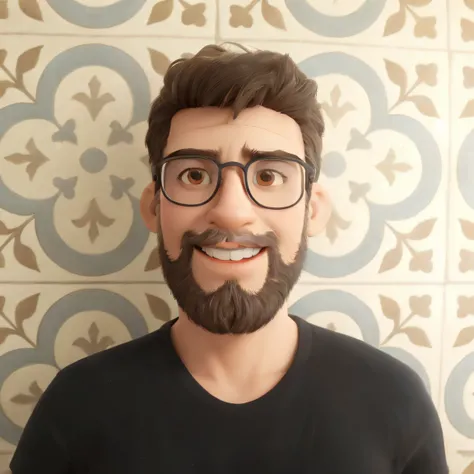 homem sorridente de barba e bigode na frente de uma parede de azulejos decorados, argola prateada na orelha direita, cabelo castanho cacheado, corte de cabelo degrade lateral, olhos castanhos, Cartoon character of a man wearing black rayban clubmaster mode...