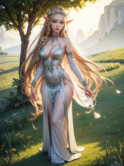 A graceful elf girl stands in a meadow, her delicate features illuminated by the soft light of the setting sun. Her long, flowing hair cascades down her back, adorned with intricate braids and adorned with sparkling jewels. This stunning painting captures ...