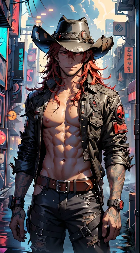 (man:1.5),1 man,cyberpunk gunslinger,(((1man))),((man with messy red hair))),

(((1male,man:1.5,handsome man,male,male gender:1.5,male focus))),macho man,((messy red hair,dark_red_hair,detailed hair,highly detailed hair,red hair,hair over one eye:1.2,dyed ...