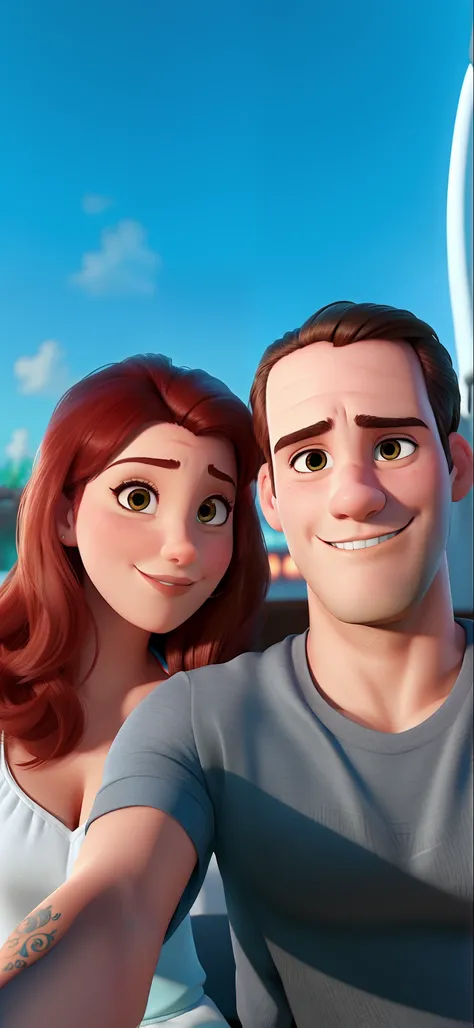 Casal (homem moreno e mulher branca) no estilo Disney Pixar, alta qualidade, melhor qualidade.