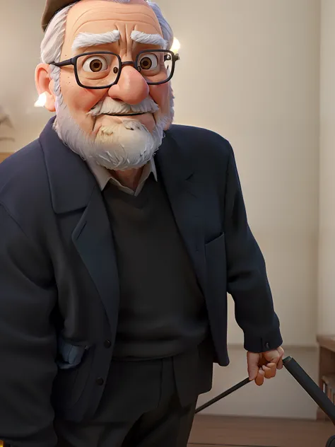 A wise old man standing in front, illuminated by the light of a lamp, against the backdrop of a library