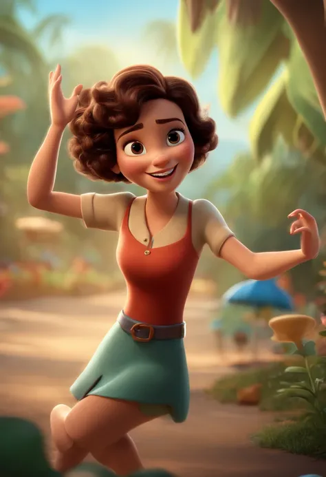 Imagem estilo Pixar com personagem 3D,Brunette woman short hair curly dancing, Maquiagem Disney,Pescador, bonitinho, sorridente ,Close-up, Pixar, Disney, Cinema lighting,olhos grandes castanhos escuro, right hand raised, Ring and middle fingers bent and th...