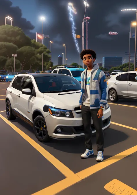 (best quality,highres,realistic:1.2),African American boy,Chevrolet Onix car,parking lot,Disney Pixar poster with a Fast and Furious theme,vibrant colors,cinematic lighting,urban landscape,detailed facial features,dynamic pose,wild curly hair,reflective ca...