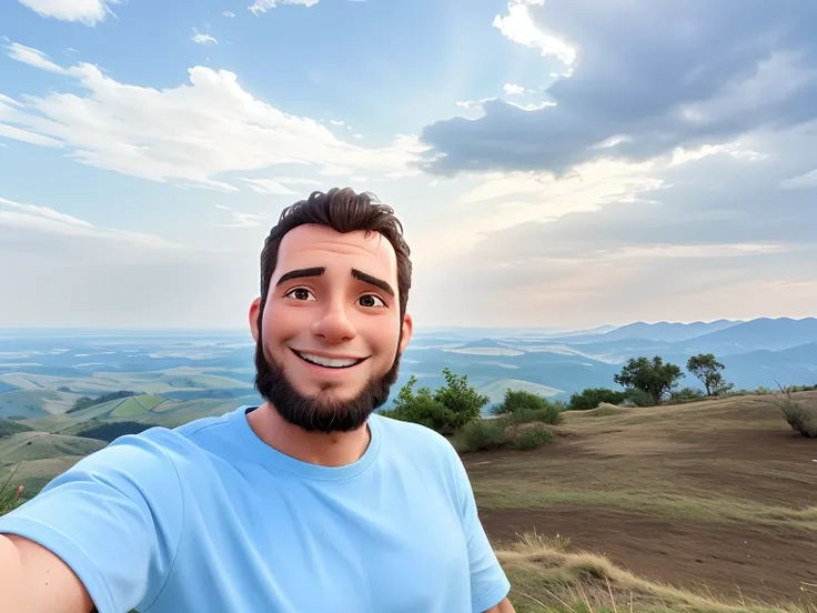 Arafed man taking a selfie with a camera on a mountain, Foto selfie 8k, no topo de uma colina, no topo de uma montanha, no topo de uma montanha, no topo de uma montanha, no topo de uma colina, Standing on top of a mountain, Colinas ao fundo, com a terra ao...