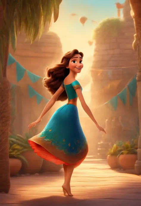 Pixar style image with 3D character brunette woman long straight hair at waist dancing, Maquiagem Disney, bonitinho, sorridente ,Close-up, Pixar, Disney, em uma praia