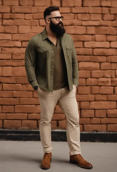 Desenho animado de homem com 28 anos, corte de cabelo militar, Big beard and glasses, White blouse and khaki pants, bota marrom, Standing in front of a white brick wall