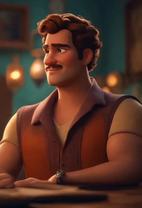 Um homem moreno, baixo, gordinho, cabelo raspado, estilo disney pixar, alta qualidade,  melhor qualidade