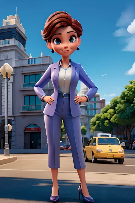 (melhor qualidade,4k,HDR),Estilo Pixar,mulher ,Retrato natural,deslumbrantes olhos castanhos,pele clara,cabelos curtinho pixie cut ruiva lisos,Businesswoman,terno preto formal,beautiful face,Delicate features,lovely smile,postura confiante,iluminada pela l...