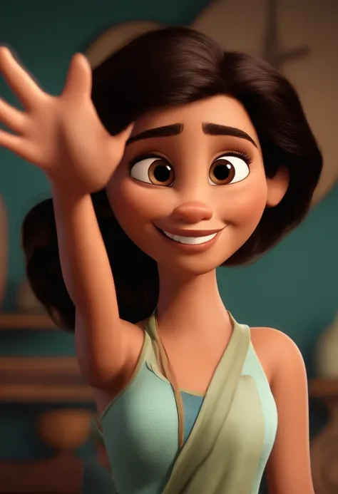 Imagem estilo Pixar com personagem 3D,Mulher morena cabelo curto cacheado , Maquiagem Disney,Pescador, bonitinho, sorridente ,Close-up, Pixar, Disney, Cinema lighting,olhos grandes castanhos escuro, Right Hand Raised Forward, Ring and middle fingers bent a...