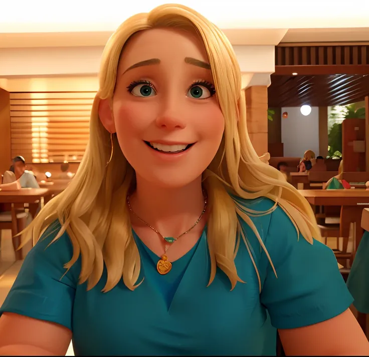 Mulher, 35 anos, Blonde with blue shirt and necklace smiling at camera, foto realista, fundo de uma restaurante