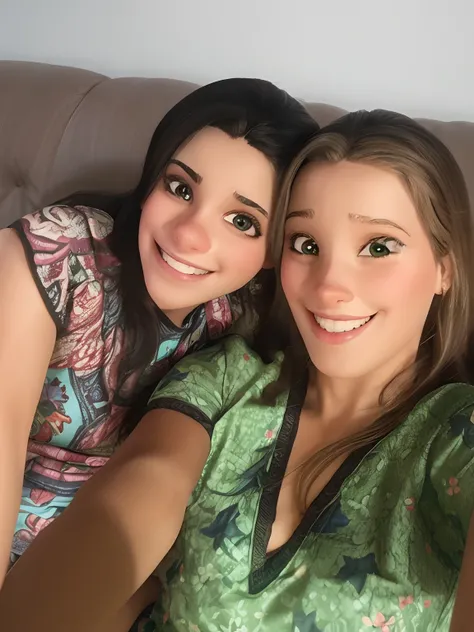 Duas mulheres apaixonadas, Smiling and sitting on a couch.