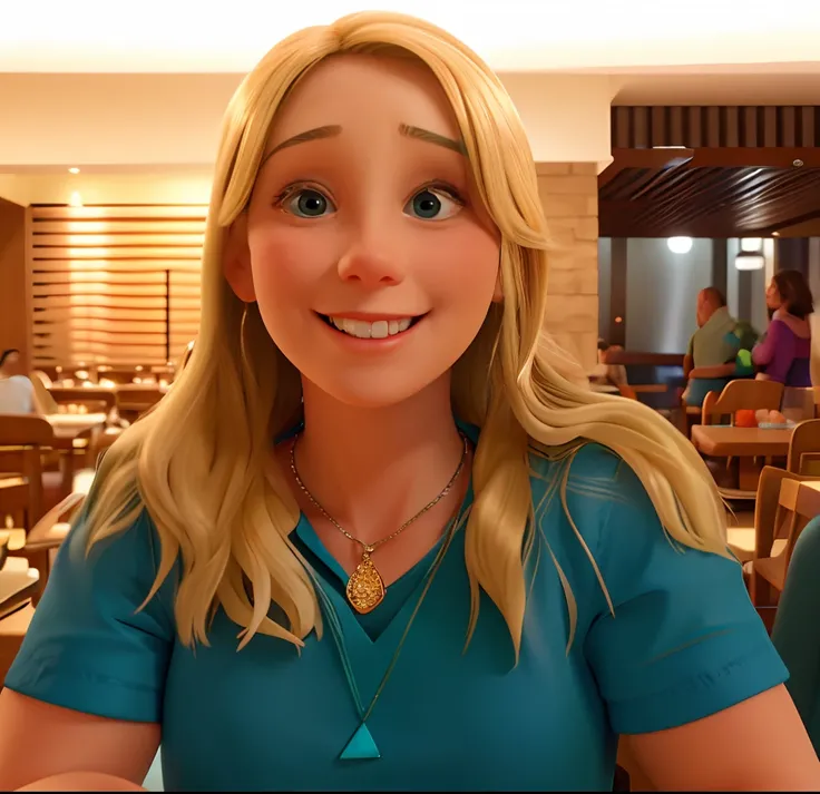 Mulher, 35 anos, Blonde with blue shirt and necklace smiling at camera, foto realista, fundo de uma restaurante