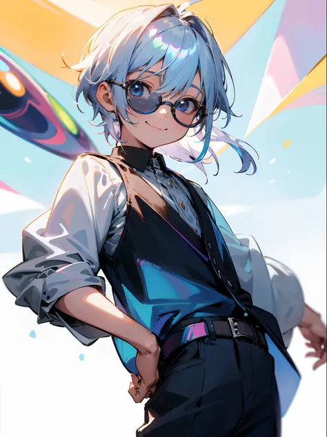 Male child, eye glasses,Cowboy Shots,A smile, silber hair，Daytime，Iridescent background，