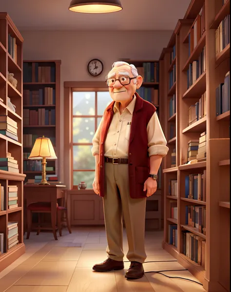 A wise old man standing in front, illuminated by the light of a lamp, against the backdrop of a library