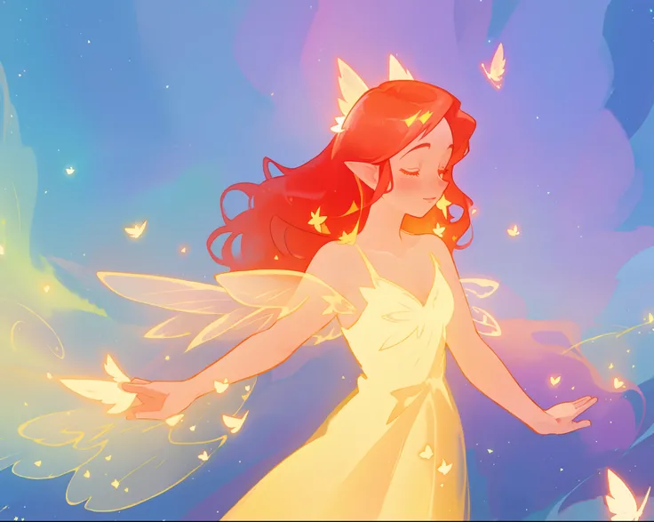 beautiful girl in sparkling glowing yellow gown, sparkling fairy wings, long flowing red hair, fantasia sky background, colorful, (glowing fairy wings), glowing flowing ballgown, long wavy hair, sparkling fairy wings, watercolor illustration, flowers and c...