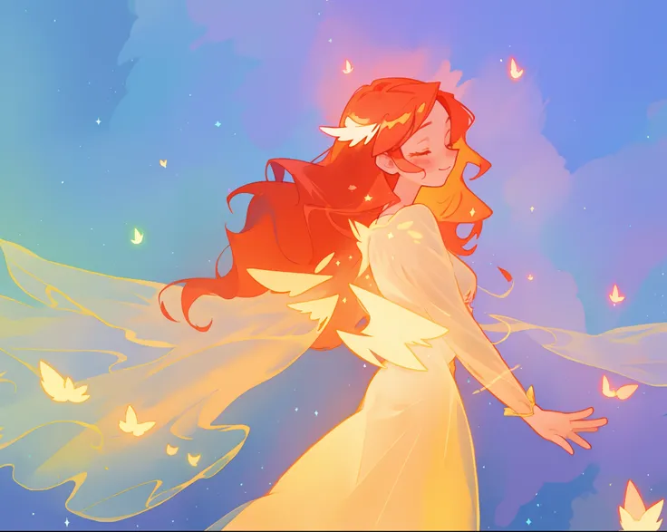 beautiful girl in sparkling glowing yellow gown, sparkling fairy wings, long flowing red hair, fantasia sky background, colorful, (glowing fairy wings), glowing flowing ballgown, long wavy hair, sparkling fairy wings, watercolor illustration, flowers and c...