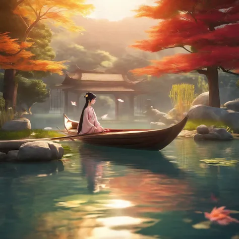 (best quality,4k,8k,highres,masterpiece:1.2),ultra-detailed,realistic,
The beautiful girl is rowing a wooden boat, wearing a white dress fluttering in the wind lookingattheviewer,mysterious eyes,beautiful detailed lips,calm expression,1girl, Japanese shrin...