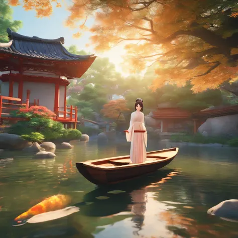 (best quality,4k,8k,highres,masterpiece:1.2),ultra-detailed,realistic,
The beautiful girl is rowing a wooden boat, wearing a white dress fluttering in the wind lookingattheviewer,mysterious eyes,beautiful detailed lips,calm expression,1girl, Japanese shrin...