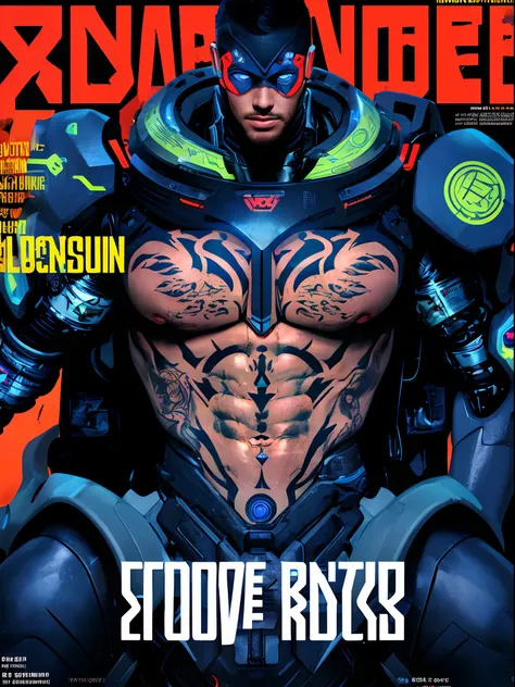 (male) Super cyborg, european male, magazine cover, poster art , Lovecraftian horror tattoos, hint of disco, bold huge text, matted design layout, strong, bold inking techniques, technological elements